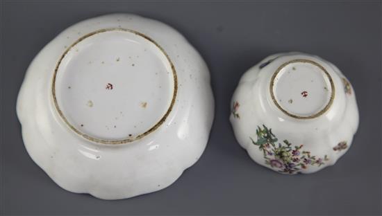 A Chelsea petal lobed tea bowl and saucer, c.1755, saucer 11cm